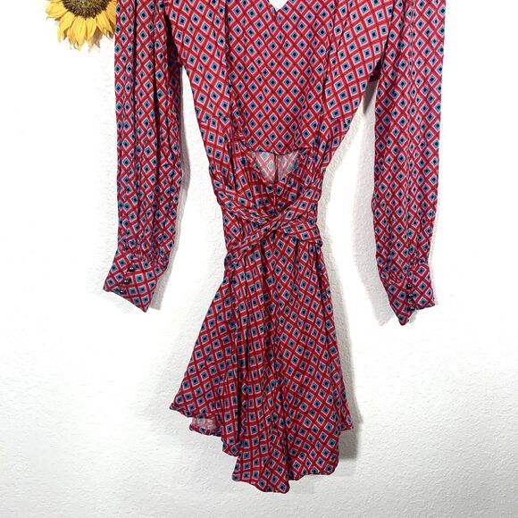 Free People Red Pink Blue Black Open Back Mini Dress Size Medium - Picture 9 of 14